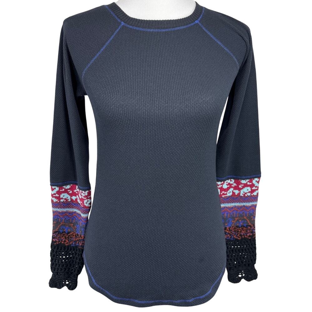 Free People In The Mix Cuff Top, Black and Navy Blue, Small